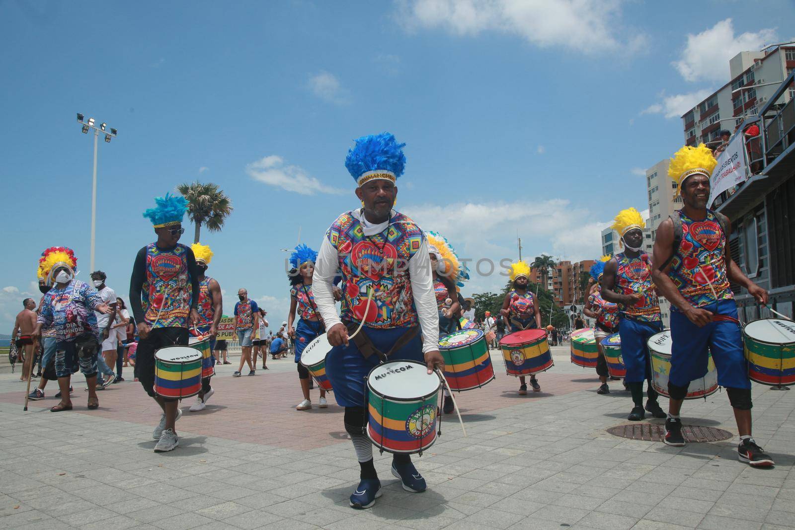 salvador, bahia, brazil - november 21, 2021: percussionist from the Commanches block giving a presentation during a protest demanding the realization of the carnival in the city of Salvador.