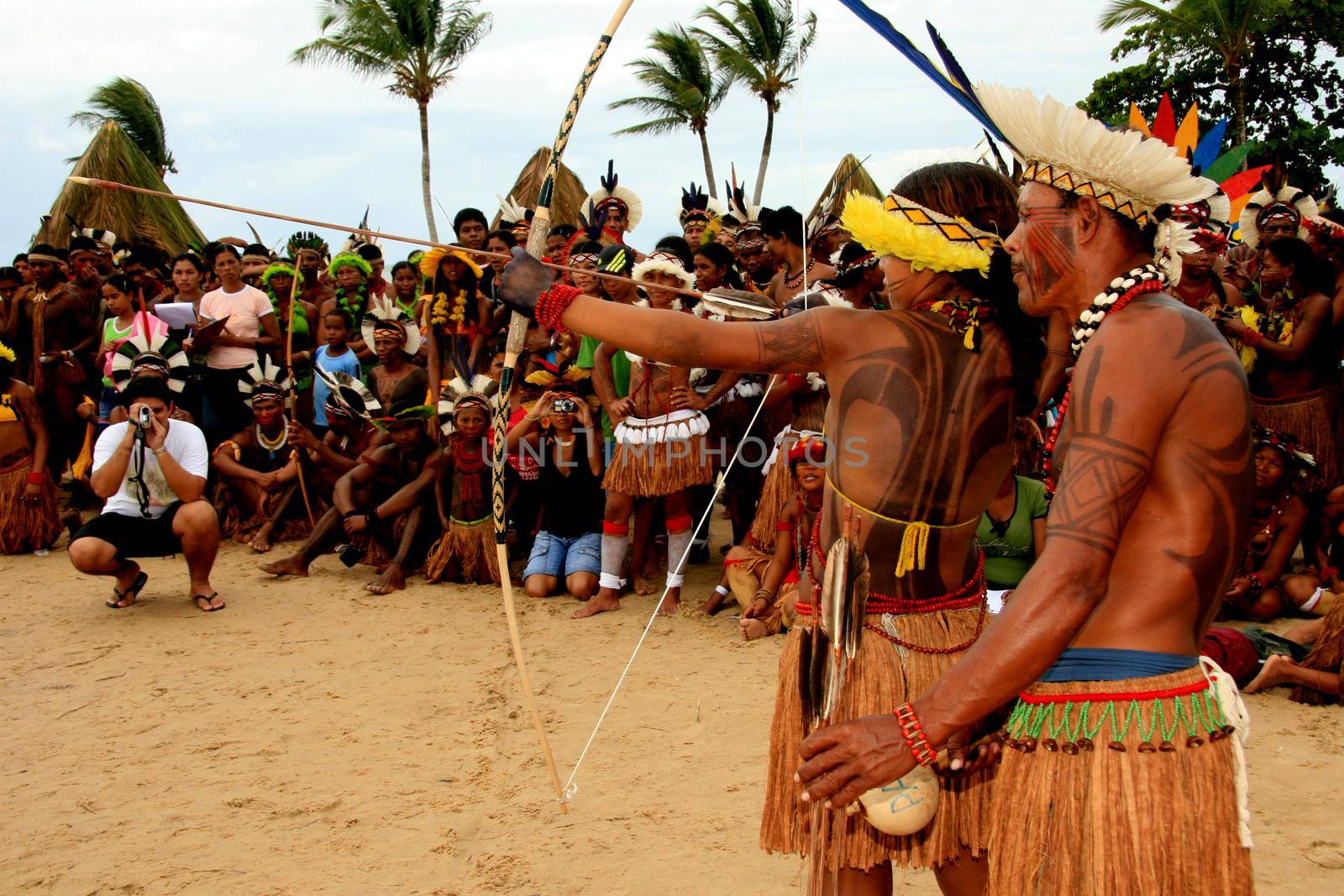 santa cruz cabralia, bahia, brazil - april 21, 2009: Pataxo Indians are seen during disputes at indigenous games in the Coroa Vermelha village in the city of Santa Cruz Cabralia.