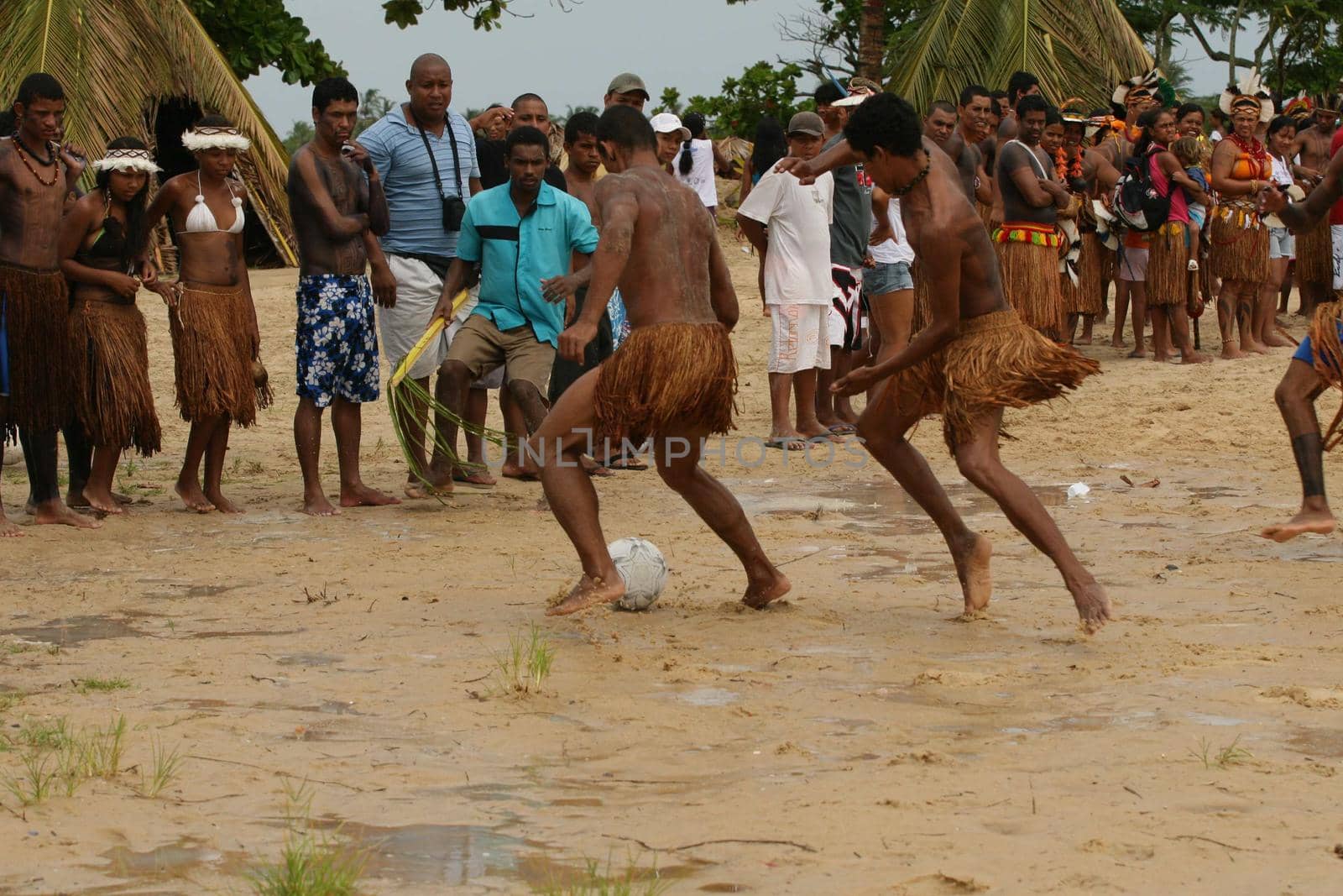 santa cruz cabralia, bahia / brazil - april 21, 2009: Ethnic Pataxo Indians are seen at a soccer match at Coroa Vermelha Village during the IX Edition of the Indian Games.