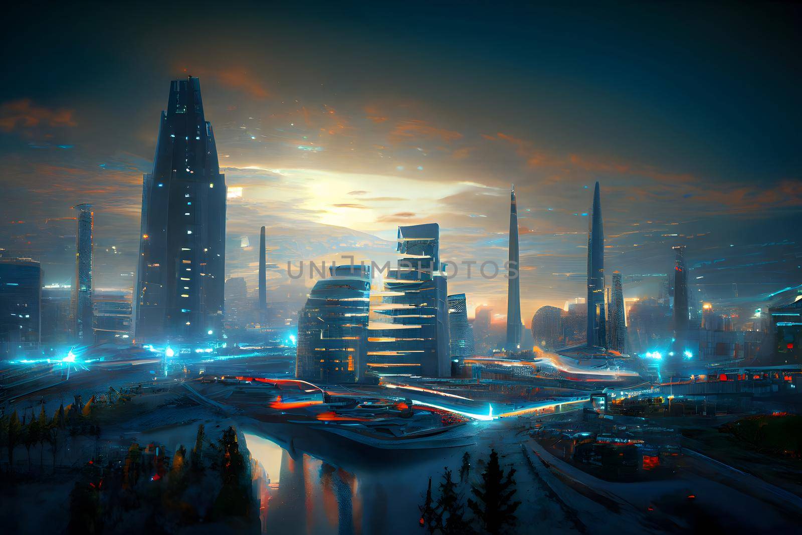 abstract futuristic night utopian cityscape, neural network generated art. Digitally generated image. Not based on any actual scene or pattern.