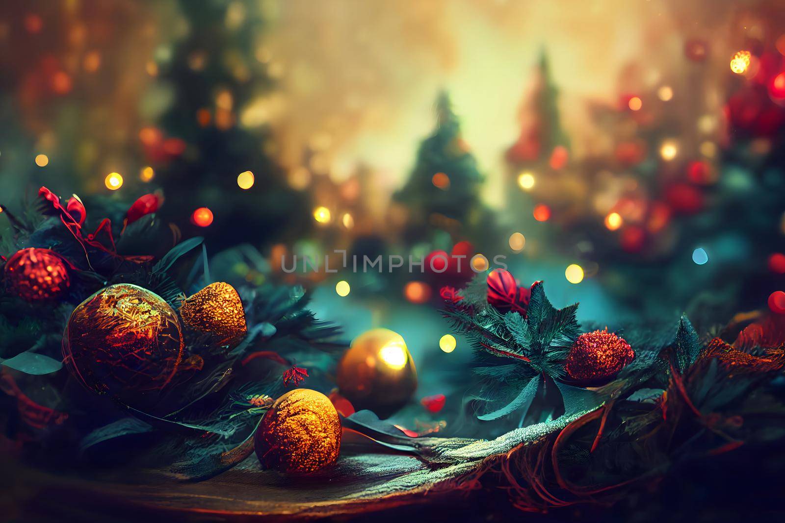 closeup view of decorated christmas spruce tree with hanging spherical toys, neural network generated art. Digitally generated image. Not based on any actual scene or pattern.