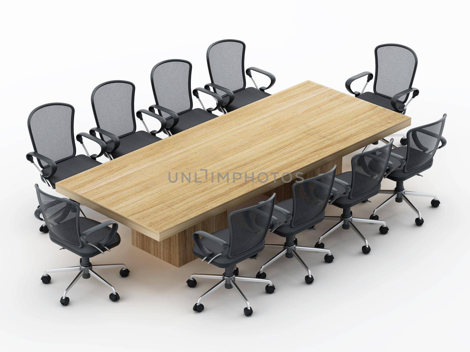 Boardroom table and chairs isolated on white background. 3D illustration by Simsek