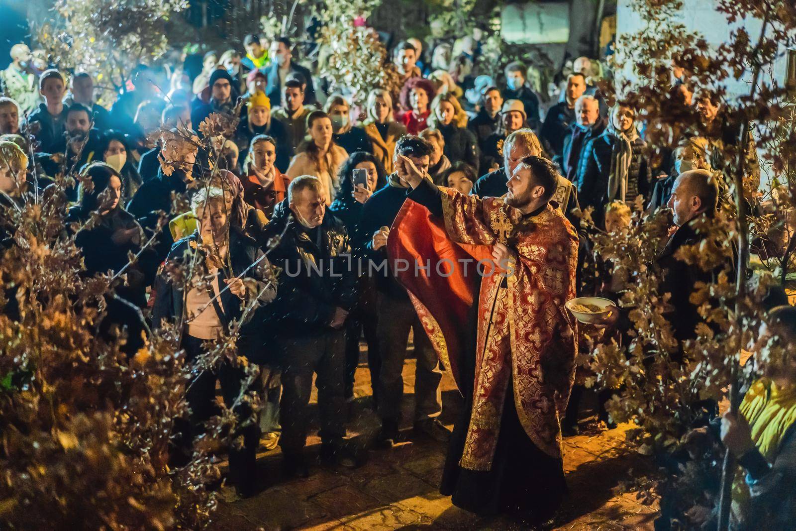 Montenegro, Budva 7.01. 2021: Christian Christmas in Montenegro, the feast of the oak branch. People burn an oak branch in honor of Christmas.