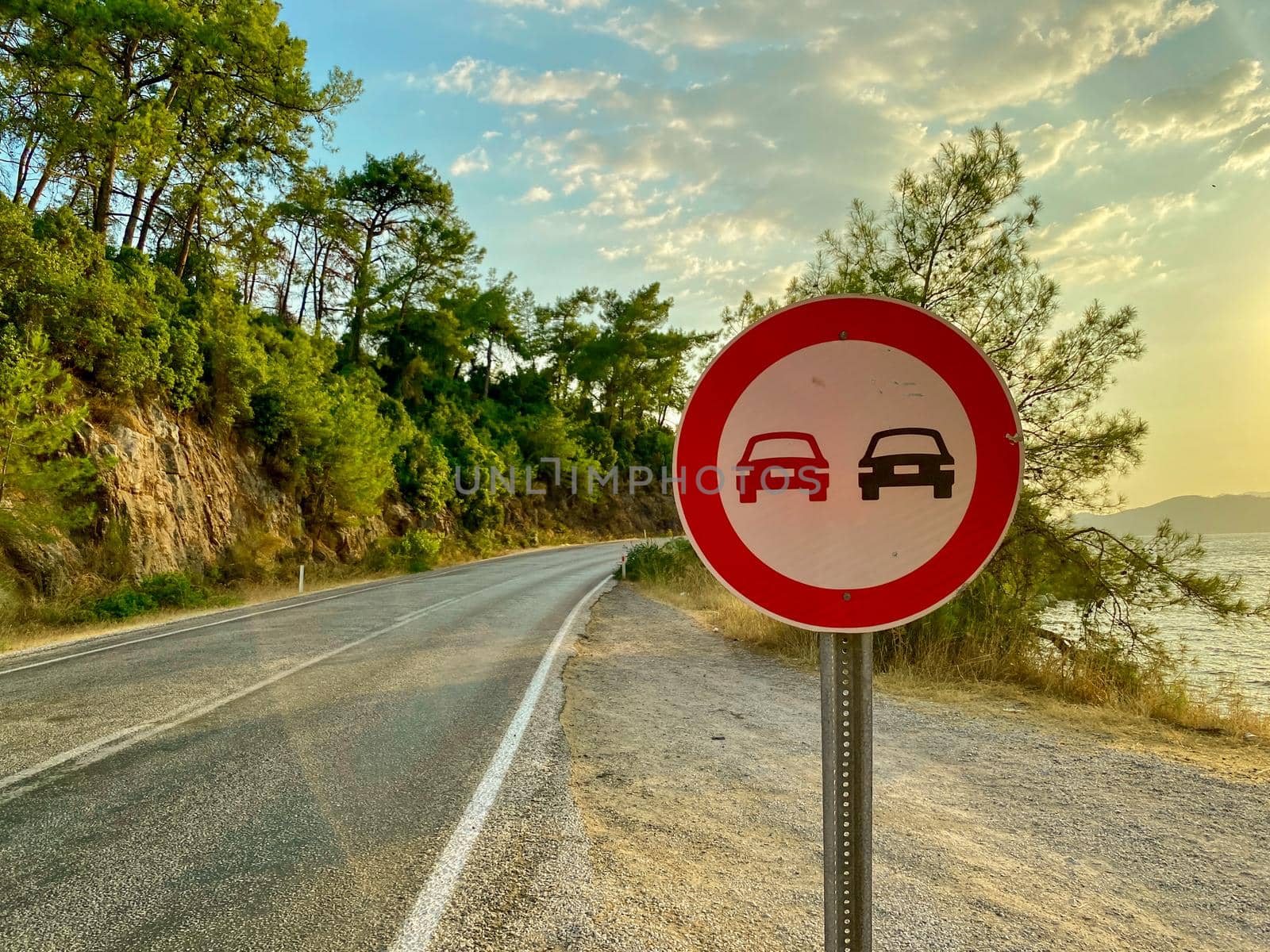 No passing road sign close up view