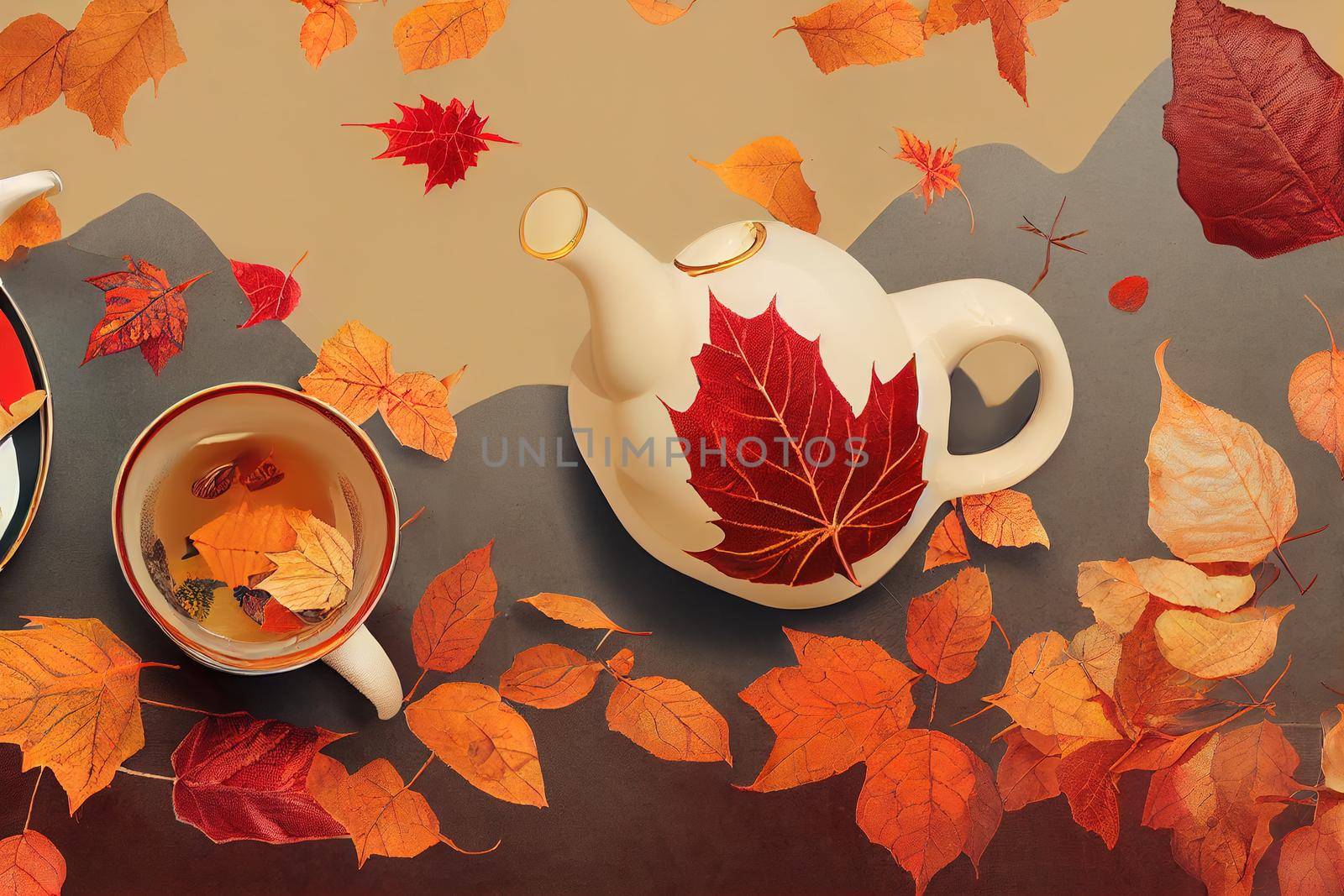 Autumn composition A cup of tea and teapot, red sweater, autumn leaves Flat lay, top view, copy space , anime style