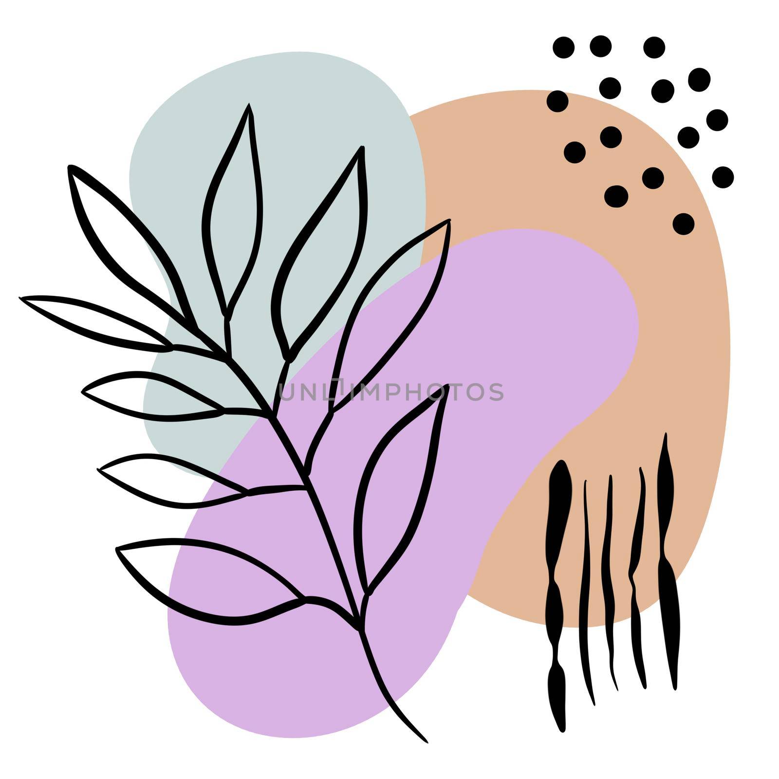 Hand drawn modern trendy illustration of abstract geometric shapes and monstera leaf leaves. Violet beige mint background poster card, design for social media. Pastel graphic print