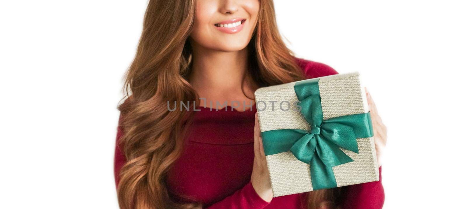 Birthday, Christmas or holiday present, happy woman holding a green gift or luxury beauty box subscription delivery isolated on white background by Anneleven