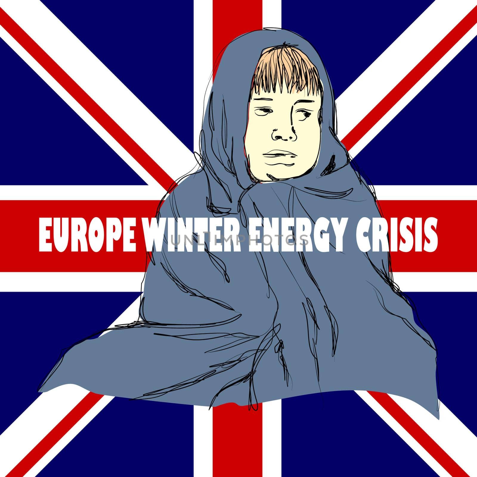 Hand drawn illustration of cold person on British flag background. useful for posters, pamphlets, wall decorations to invite people to be aware of energy that is increasingly expensive and scarce by klopo