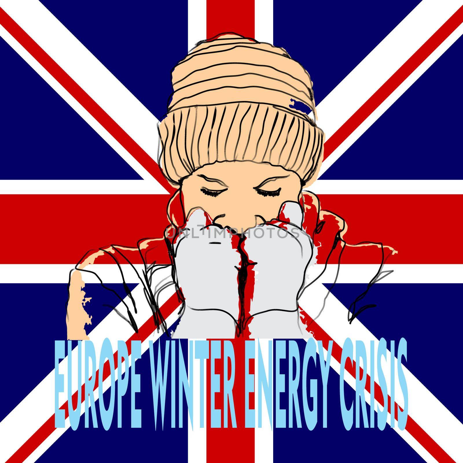 Hand drawn illustration of cold person on British flag background by klopo