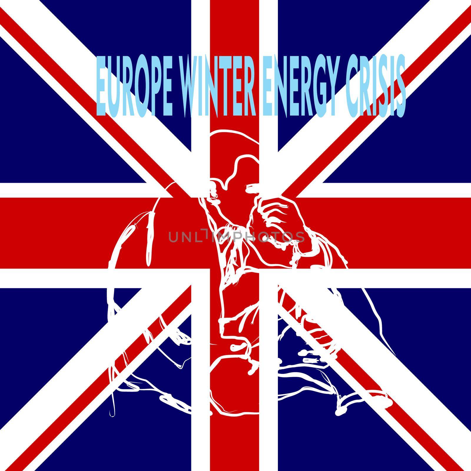 Hand drawn illustration of cold person on British flag background by klopo