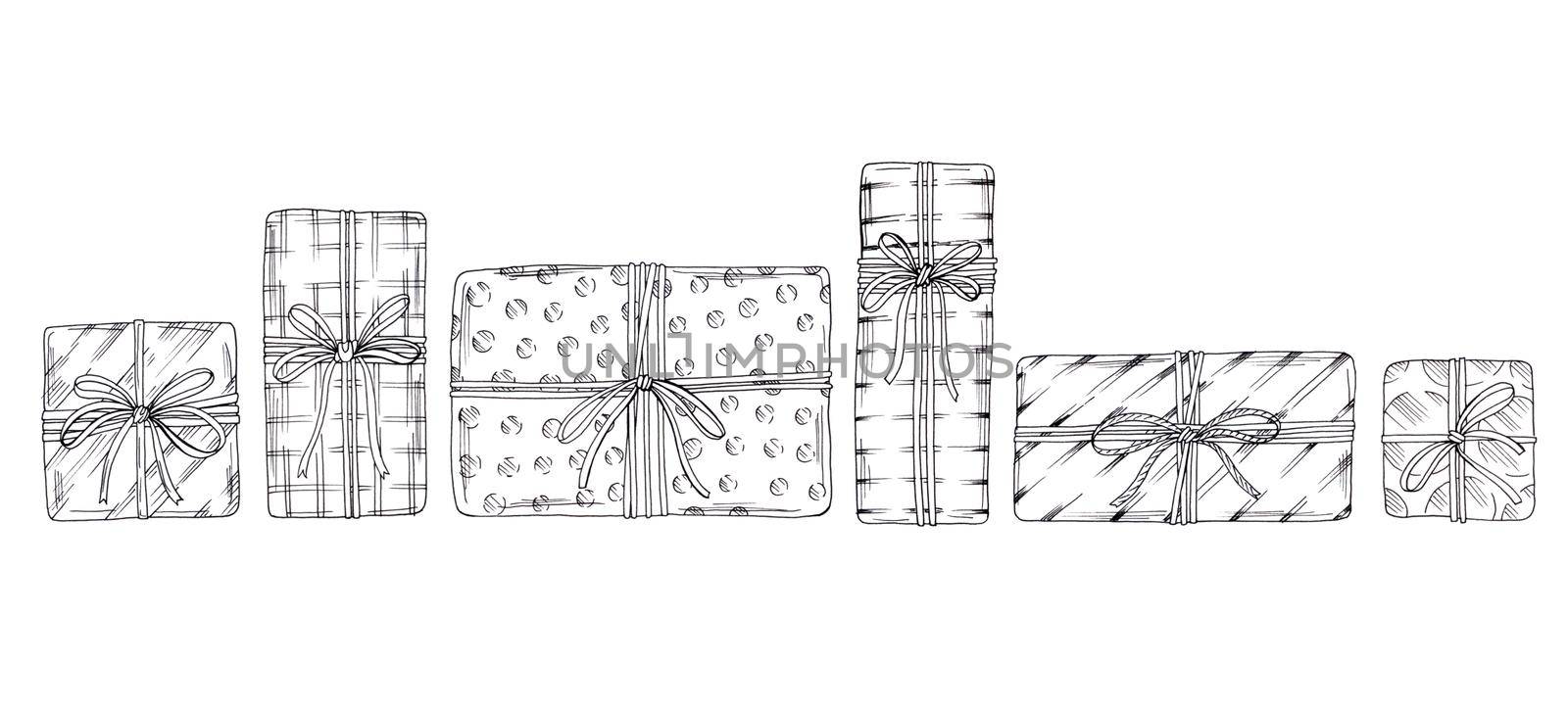 Gift boxes with ribbons set. Hand drawn doodle sketch. Isolated holiday items. Outline image. by fireFLYart