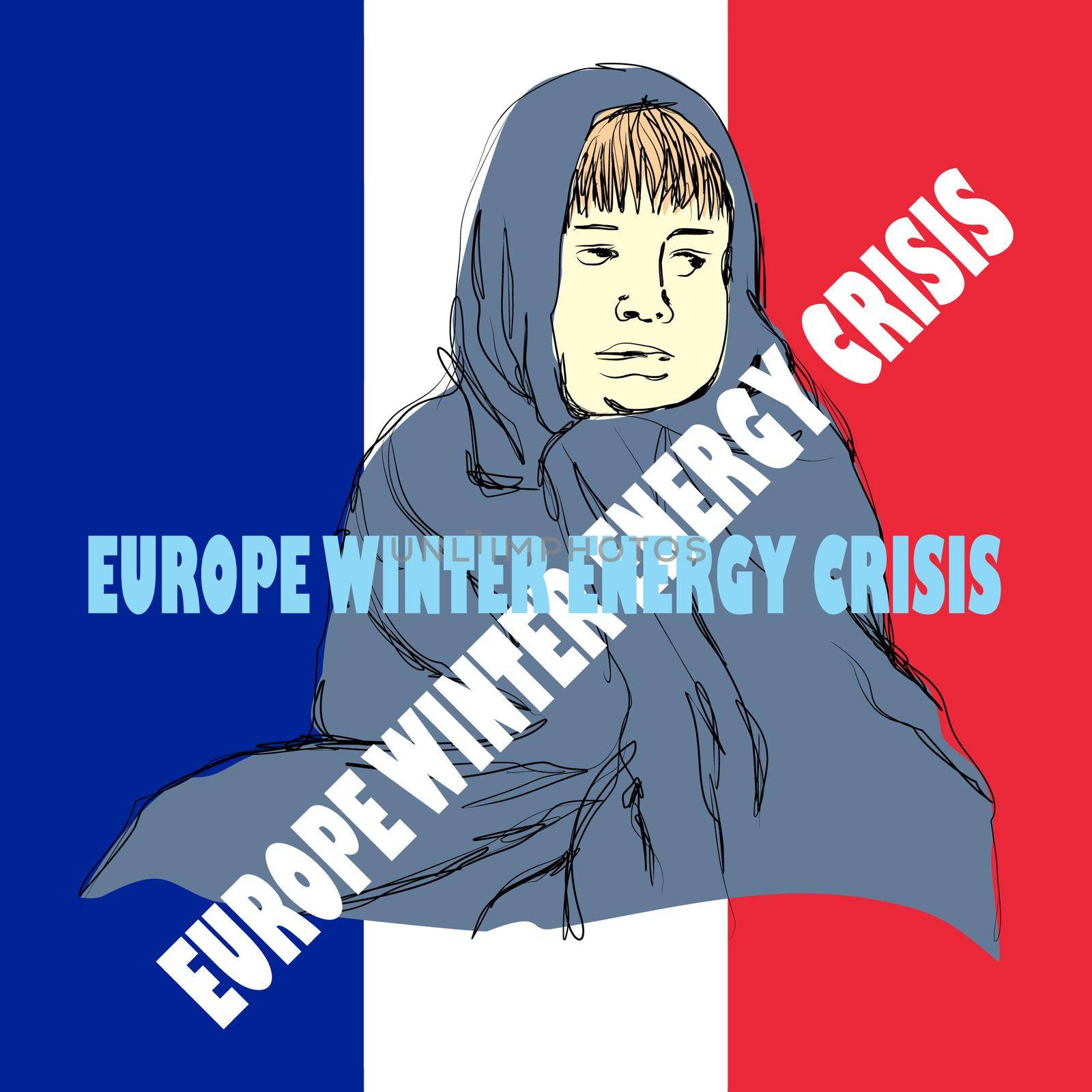 Hand drawn illustration of a cold person on the French flag background by klopo