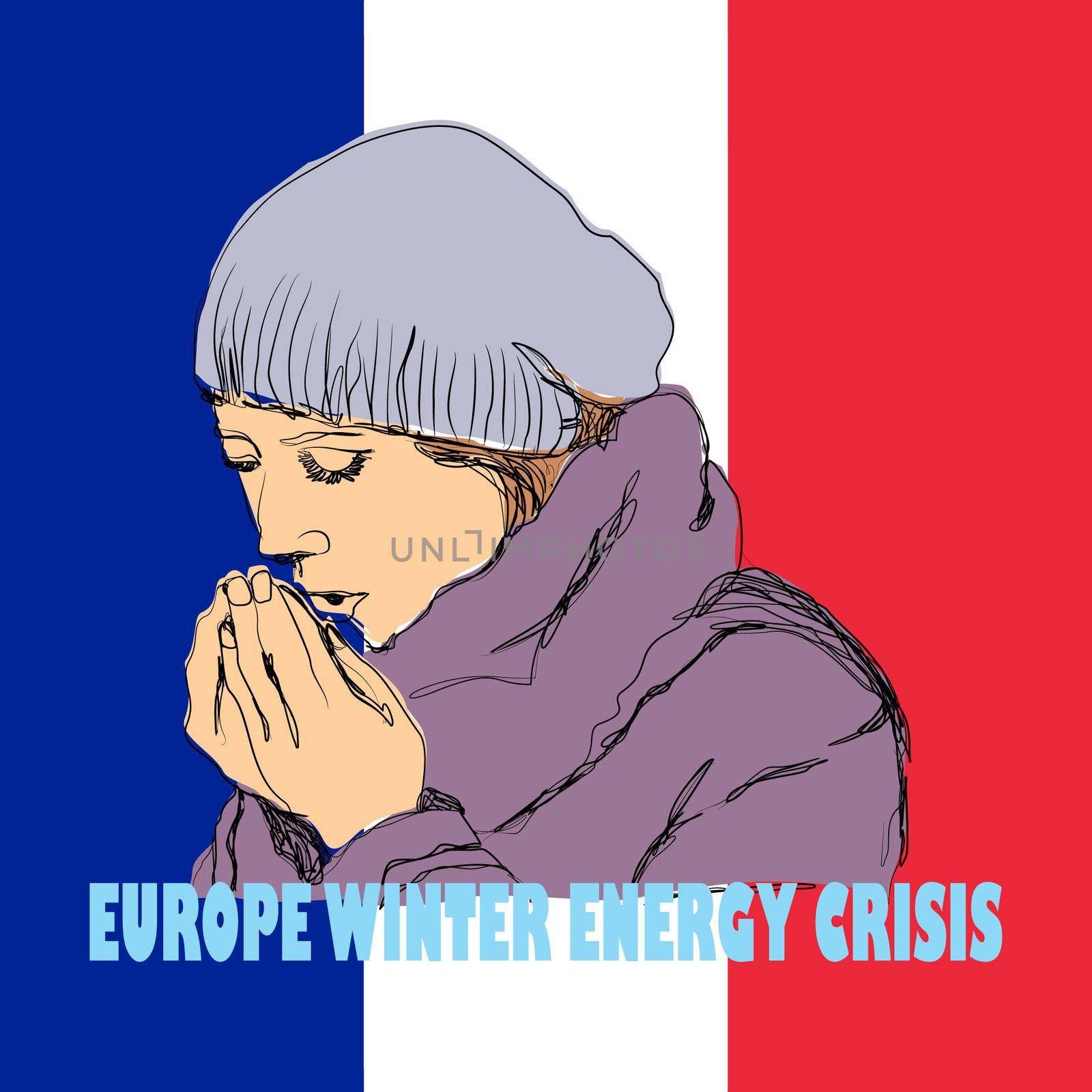 Hand drawn illustration of a cold person on the French flag background. useful for posters, pamphlets, wall decorations to invite people to be aware of energy that is increasingly expensive and scarce