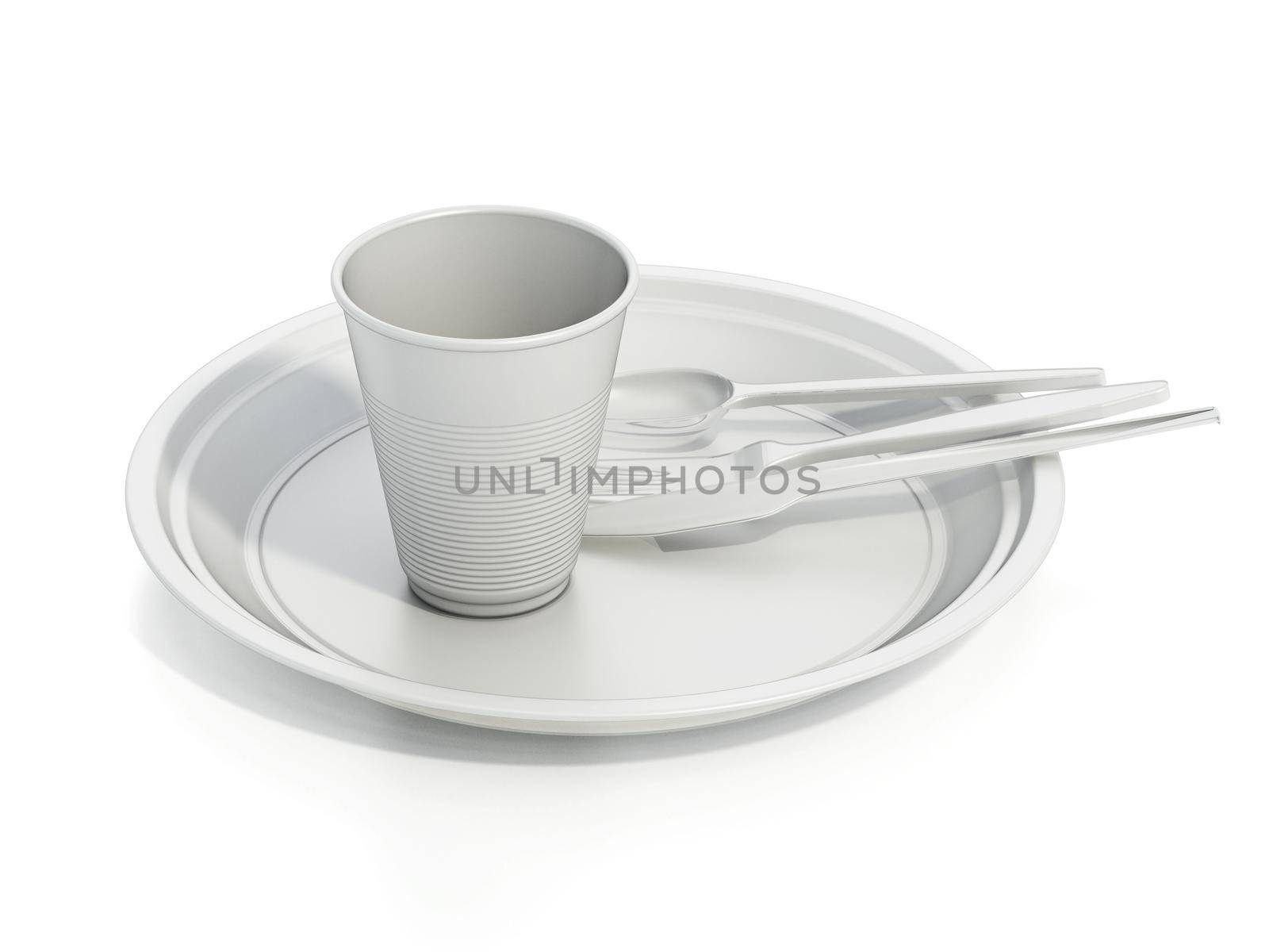 Set of plastic dishware isolated on white background. 3D illustration by Simsek