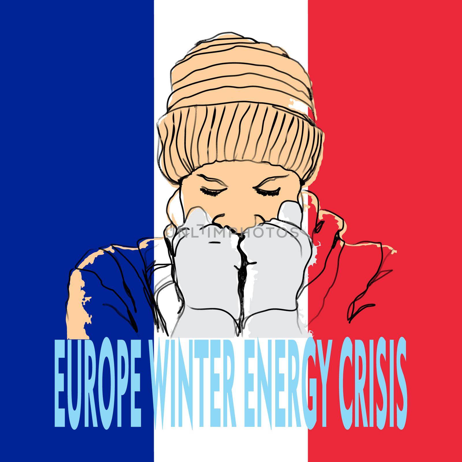 Hand drawn illustration of a cold person on the French flag background. useful for posters, pamphlets, wall decorations to invite people to be aware of energy that is increasingly expensive and scarce