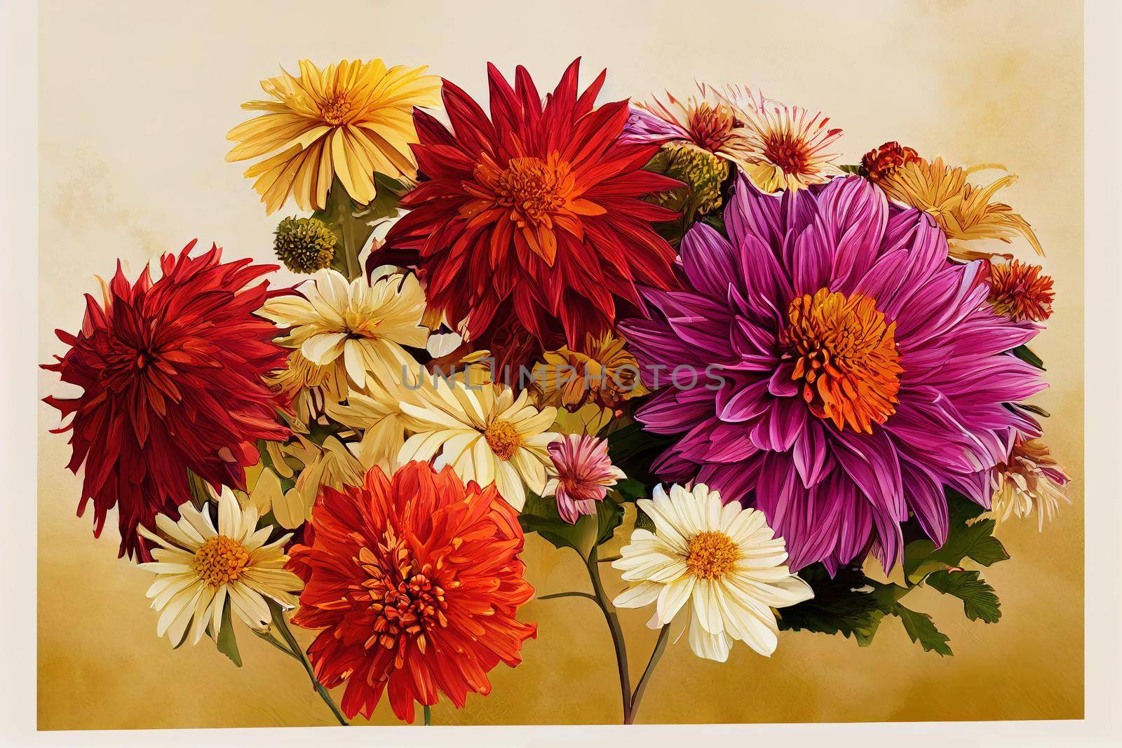 Seasonal summer or autumn background bouquet or composition of flowers of dahlias, New England asters, red, purple and yellow shades or warm tones Greeting card with anniversary, teacher's day , anime