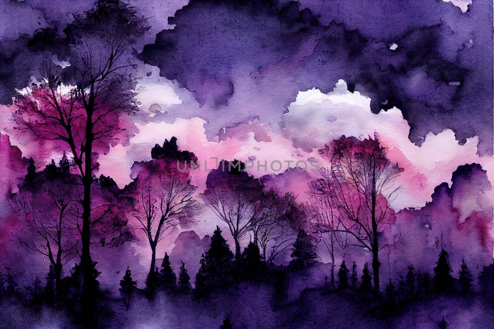 Watercolour painting. Dark Forest. Tree silhouettes and cloudy sky in purple, blue and pink colours.