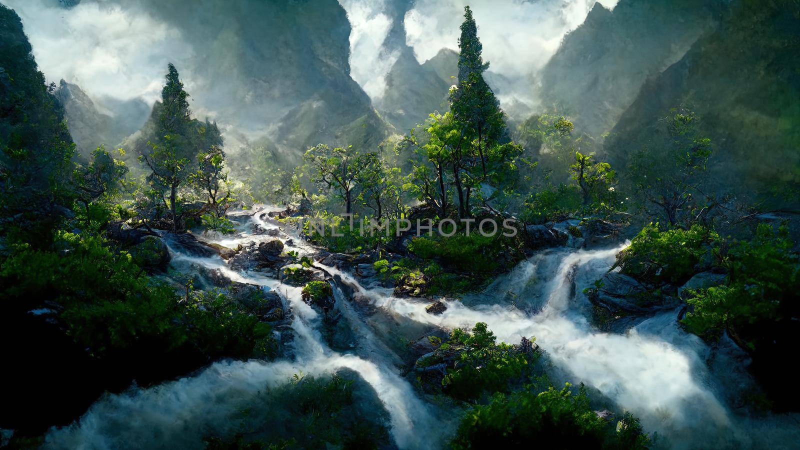 mountain landscape with waterfalls and trees.