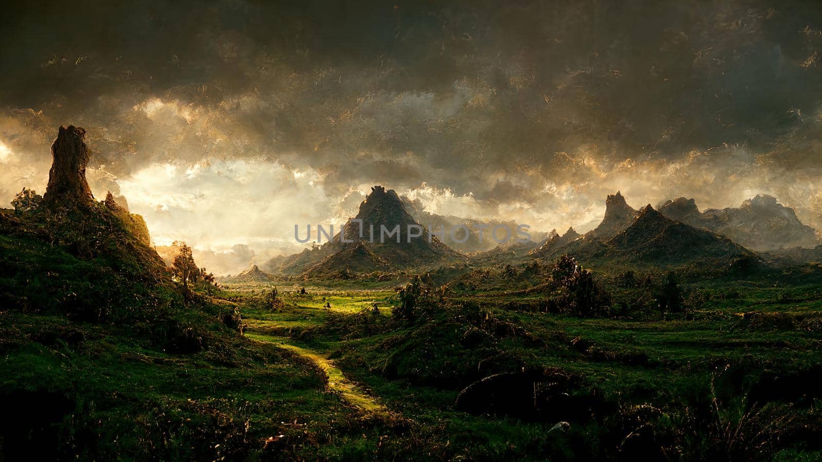 landscape plain with lush green grass and gloomy mountains in the background at dawn