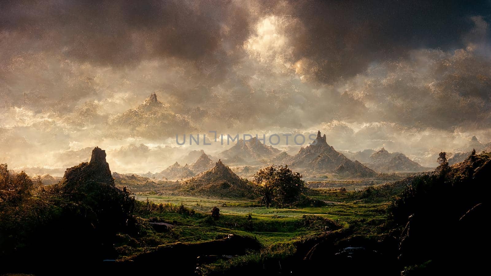 landscape plain with lush green grass and gloomy mountains in the background at dawn