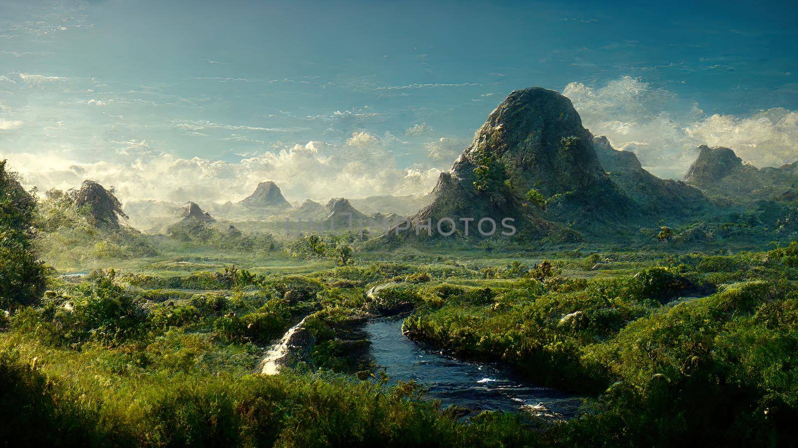 Sunrise landscape with misty forest, distant mountains and sunrise sky