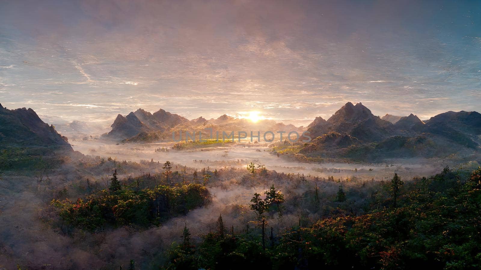Mountain plain at dawn with fog between trees and high hills and mountains in the background.