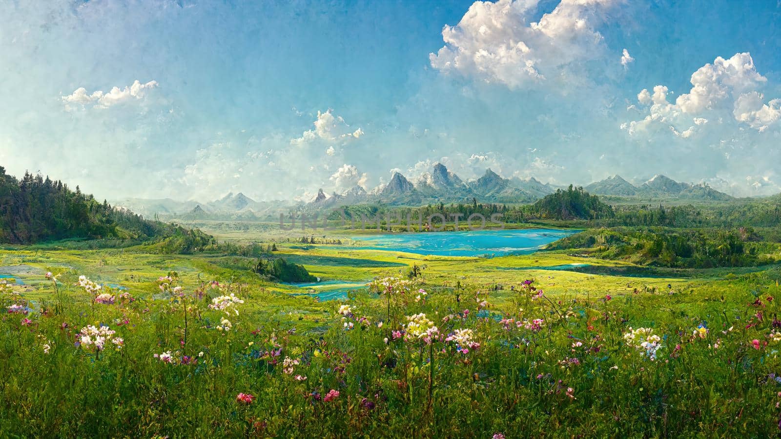 blue mountain lake surrounded by flowers on a sunny summer day.