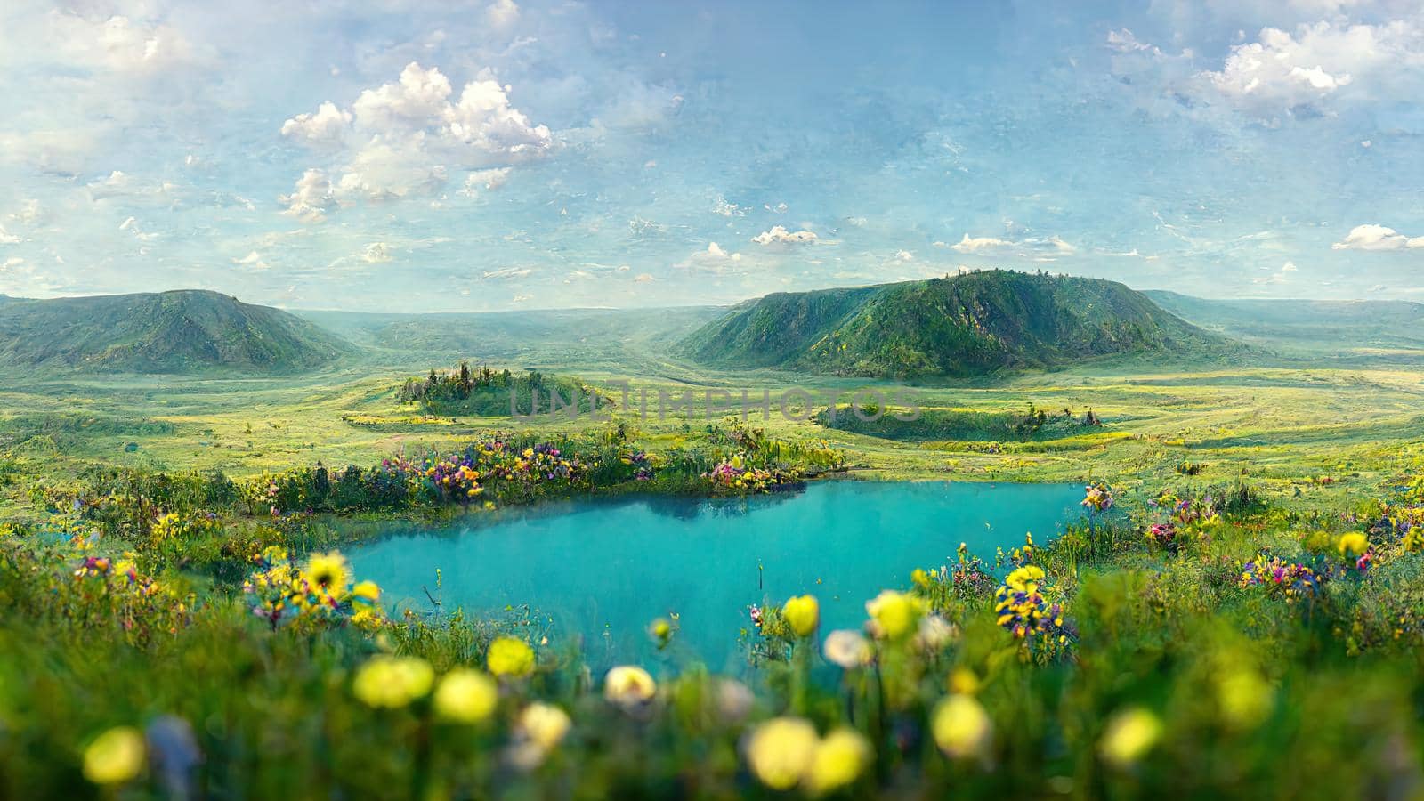 blue mountain lake surrounded by flowers on a sunny summer day.