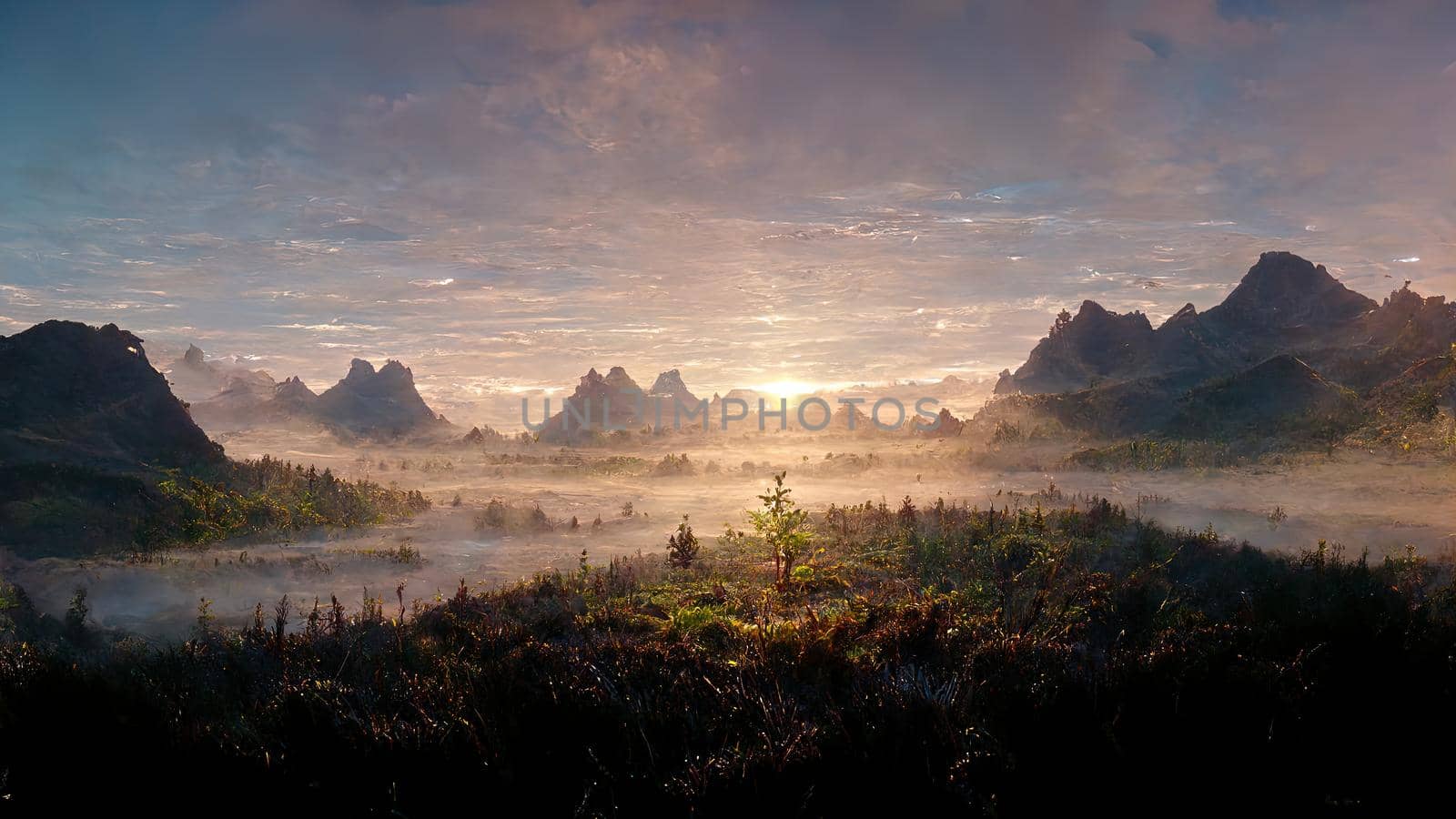 Mountain plain at dawn with fog between trees and high hills and mountains in the background.