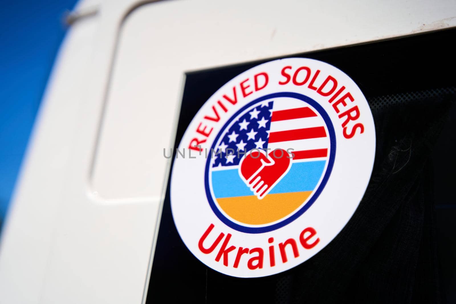 Stickers on trucks with humanitarian aid to Ukraine. Dnipro, Ukraine - 06.30.2022