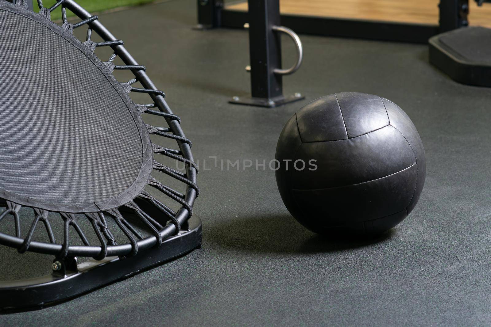 Sports home trampoline backyard patio concept wooden kettlebell exercise, from swiss gym in bounce and steel weight, club healthy. Lifestyle active gymnastics, playful by 89167702191