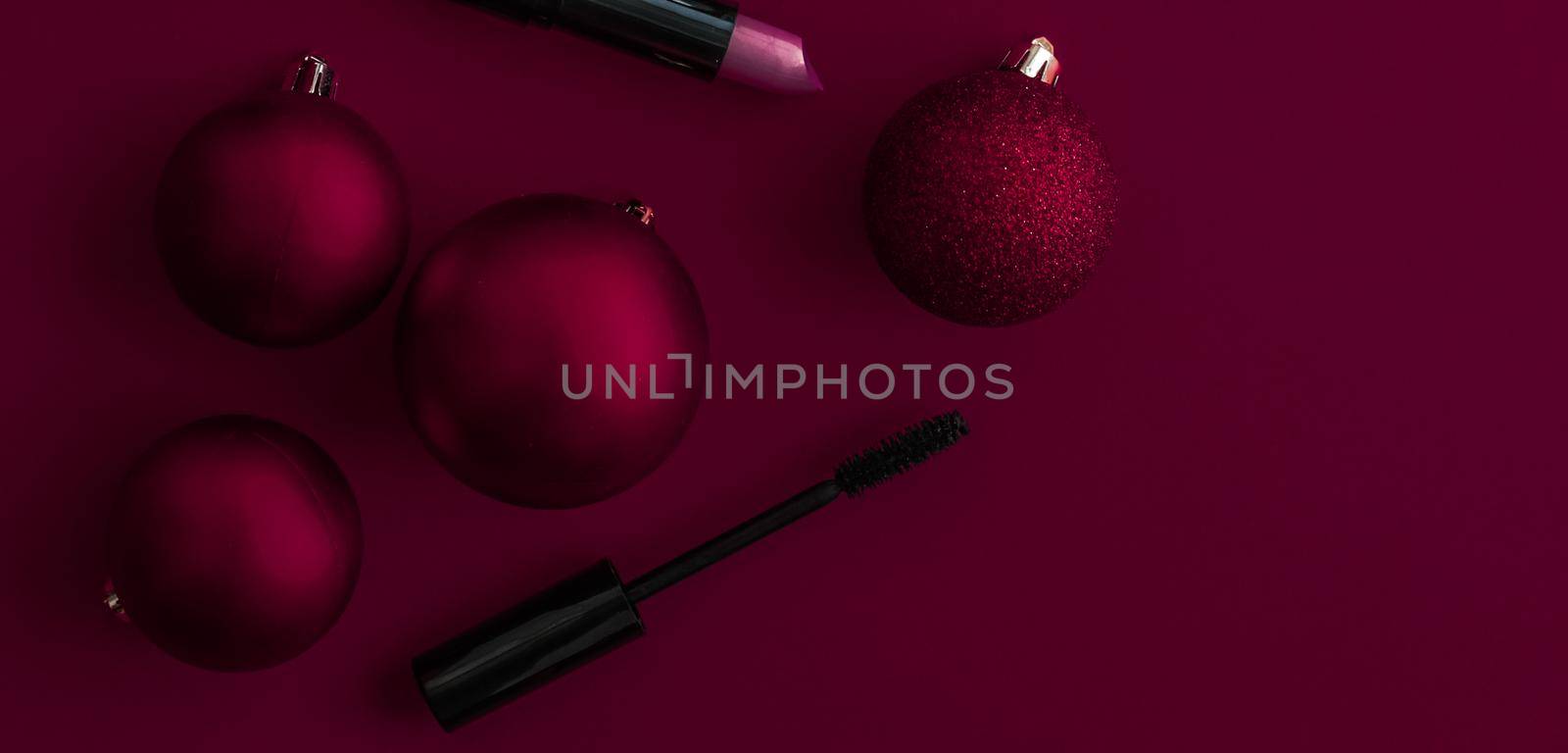 Make-up and cosmetics product set for beauty brand Christmas sale promotion, luxury burgundy flatlay background as holiday design by Anneleven