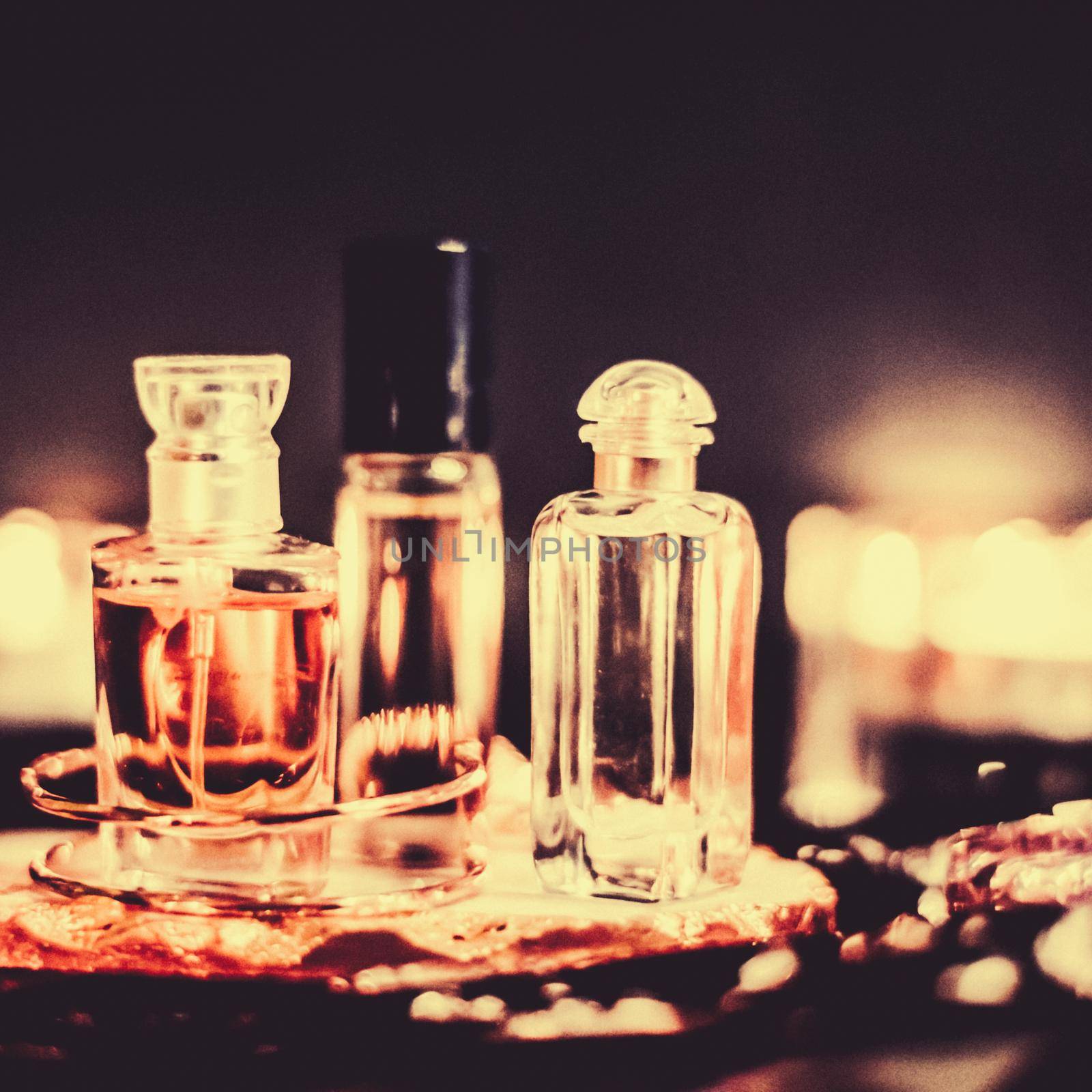 Perfumery, cosmetic branding and spa concept - Perfume bottles and vintage fragrance at night, aroma scent, fragrant cosmetics and eau de toilette as luxury beauty brand, holiday fashion parfum design