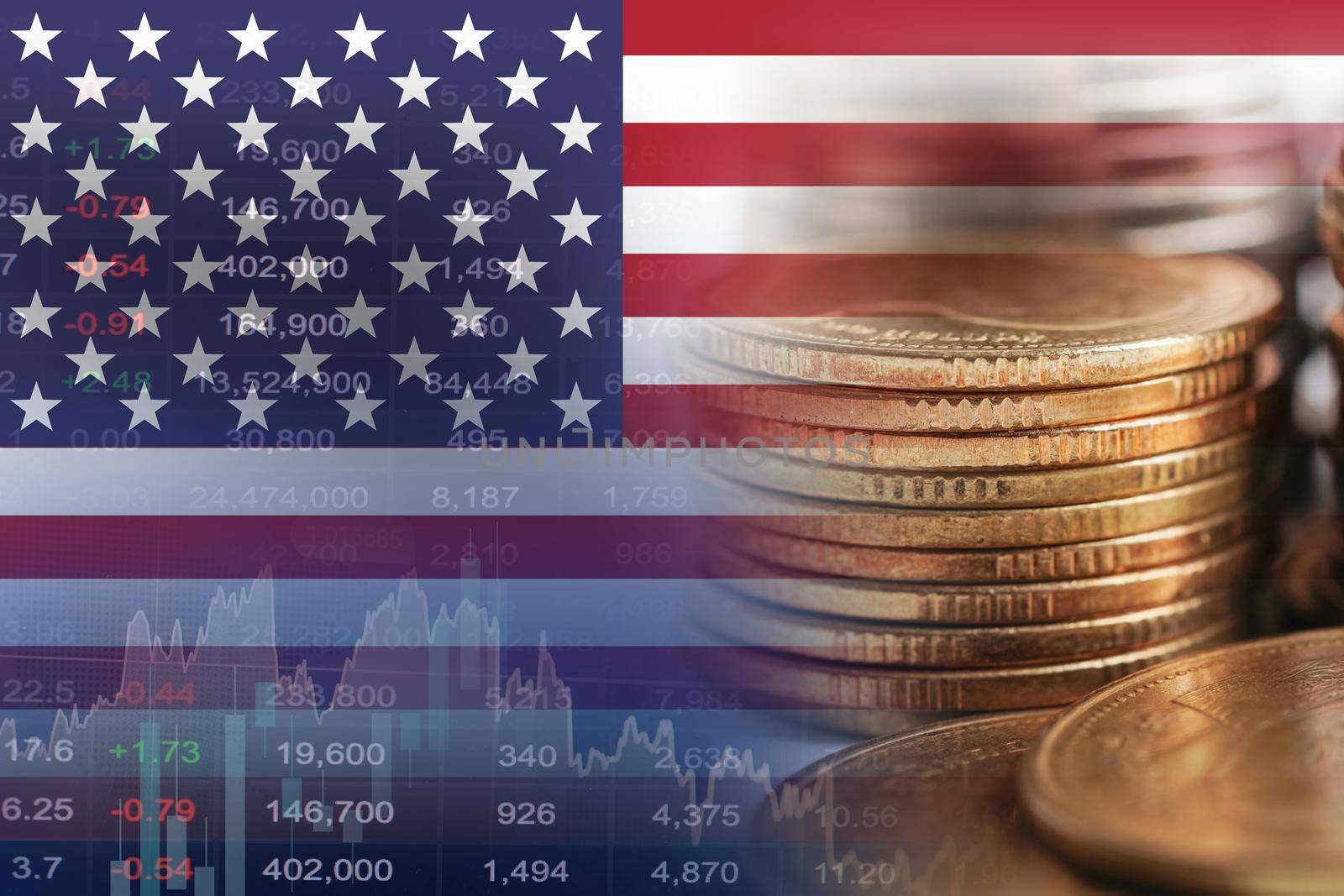 USA America flag with stock market finance, economy trend graph digital technology.