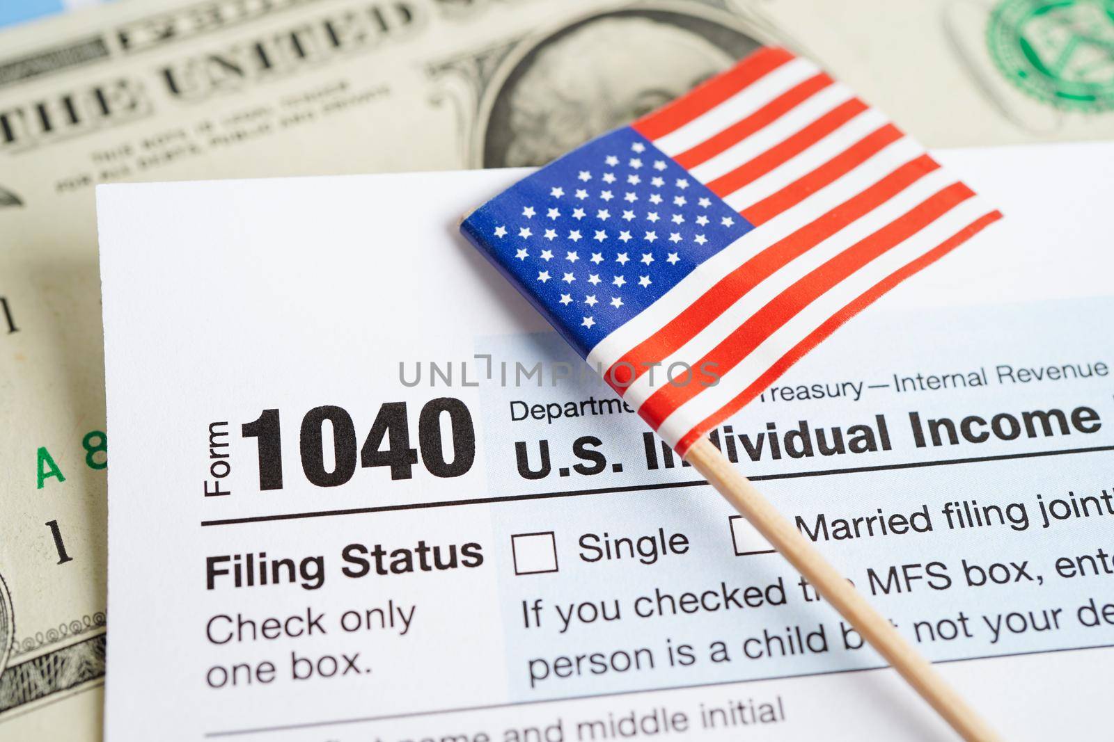 Tax form 1040 U.S. Individual Income Tax Return, business finance concept.