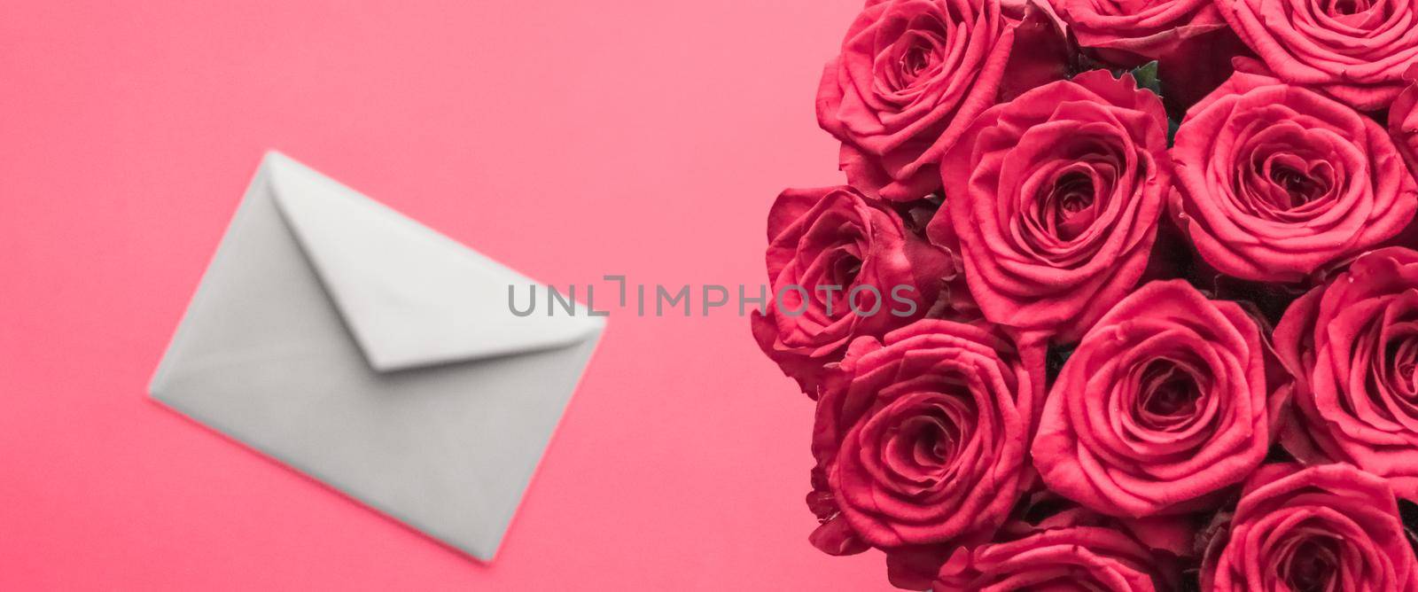 Holidays gift, floral present and happy relationship concept - Love letter and flowers delivery on Valentines Day, luxury bouquet of roses and card on pink background for romantic holiday design