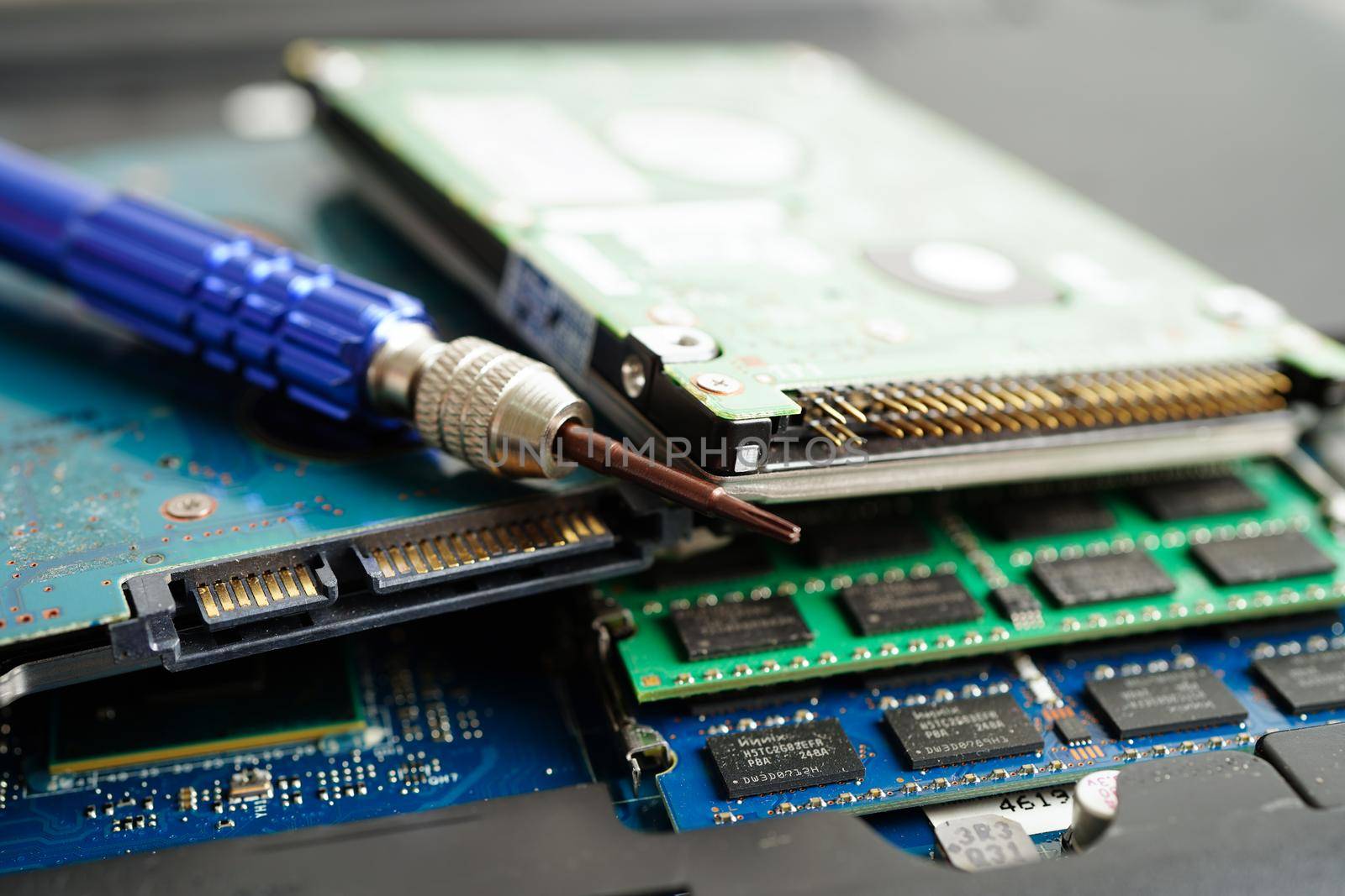 Repairing and upgrade circuit mainboard of notebook, electronic, computer hardware and technology concept.