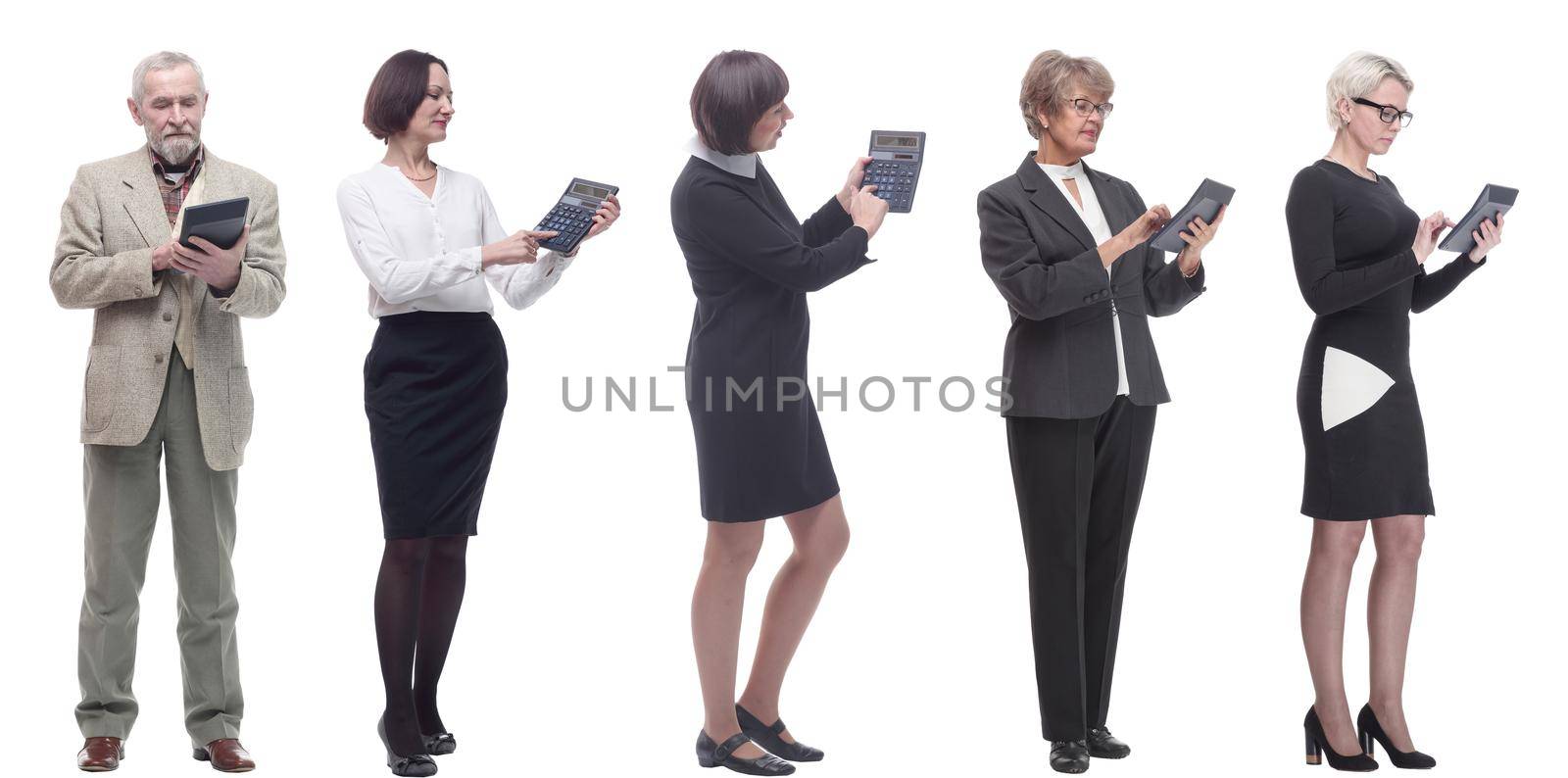 collage group of successful financiers with calculator isolated on white background