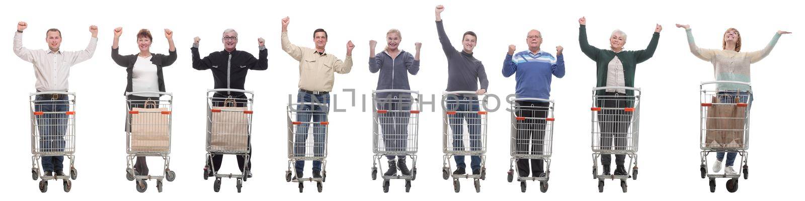 group of people with cart raised their hands up isolated on white background