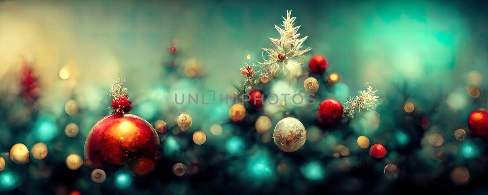 New Year's warm background with copy space in warm colors with Christmas decorations and Christmas tree branches.