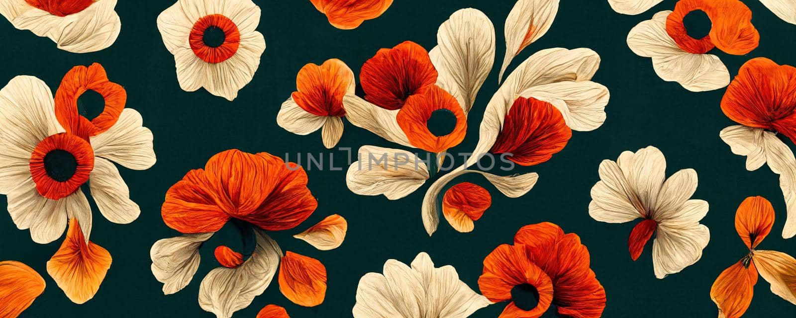 abstract pattern on the fabric in the form of flowers in warm shades of red, green and cream by TRMK