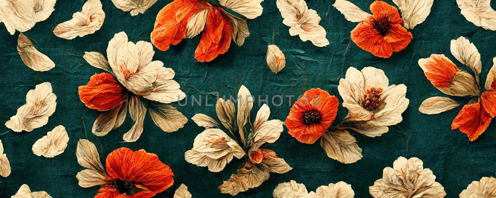 abstract pattern on the fabric in the form of flowers in warm shades of red, green and cream.