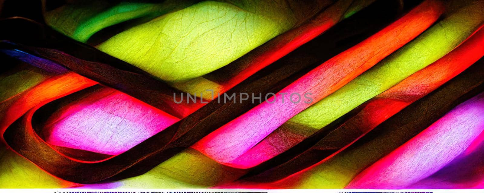 3D illustration of neon rays forming lines in bright juicy colors on a black background.