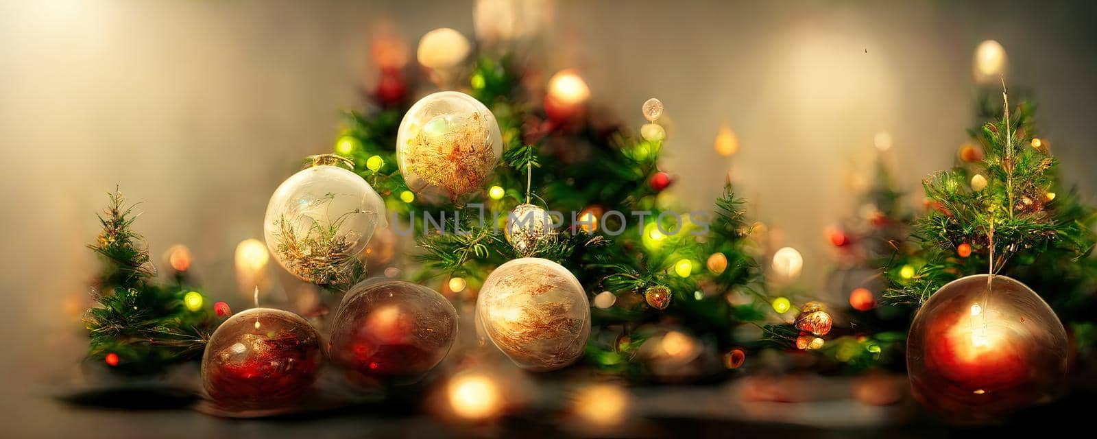 New Year's warm background with copy space in warm colors with Christmas decorations and Christmas tree branches.