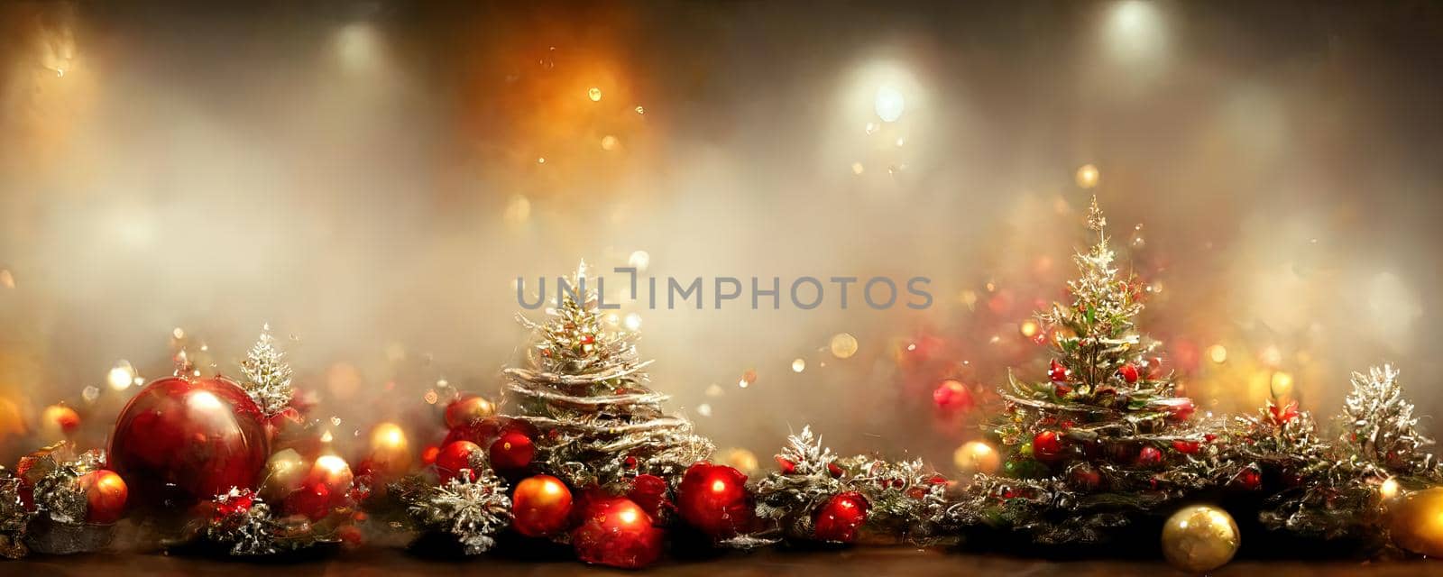 New Year's warm background with copy space in warm colors with Christmas decorations and Christmas tree branches.