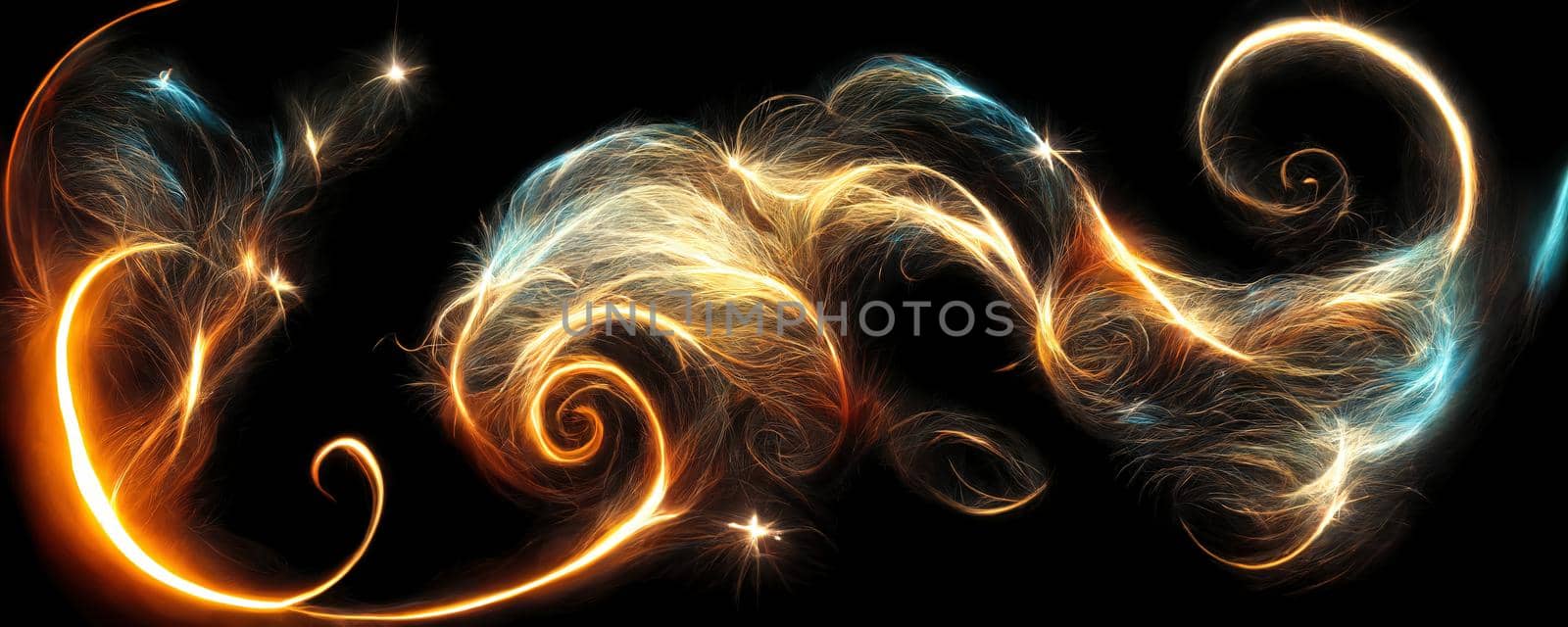 golden sparks in the form of swirls on a black background.