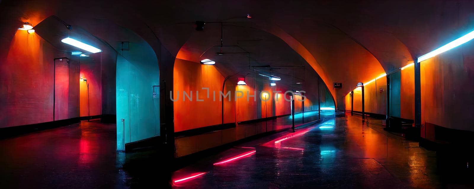 neon corridors with arches with black background.