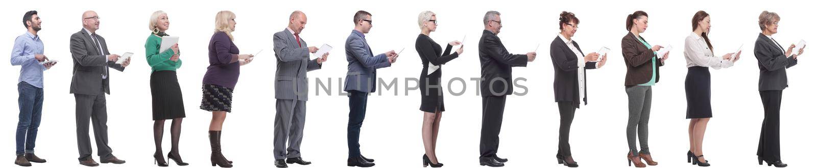 group of people holding tablet and looking ahead isolated on white background