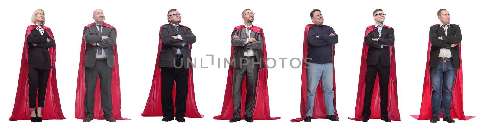 group of people in red raincoat isolated on white by asdf