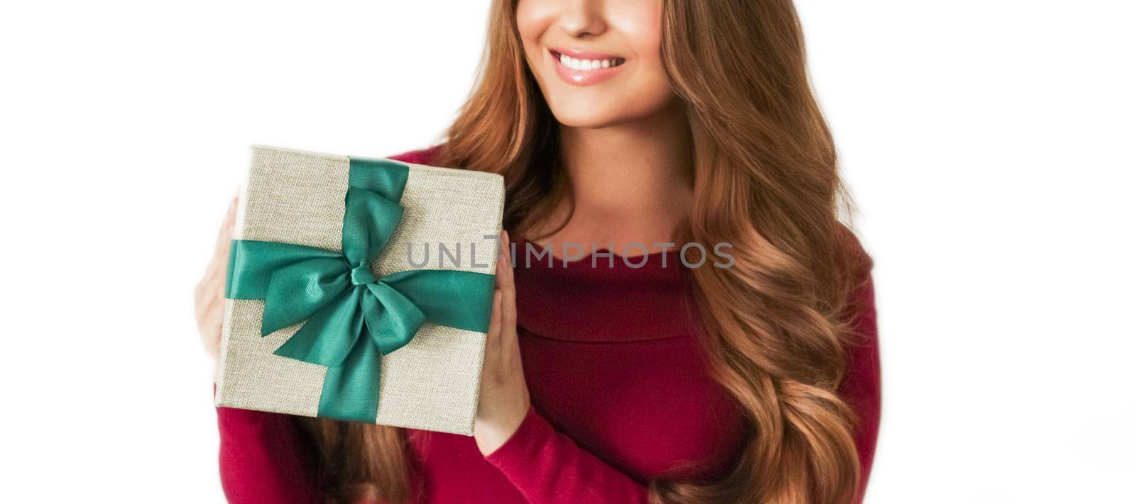 Birthday, Christmas or holiday present, happy woman holding a green gift or luxury beauty box subscription delivery isolated on white background by Anneleven